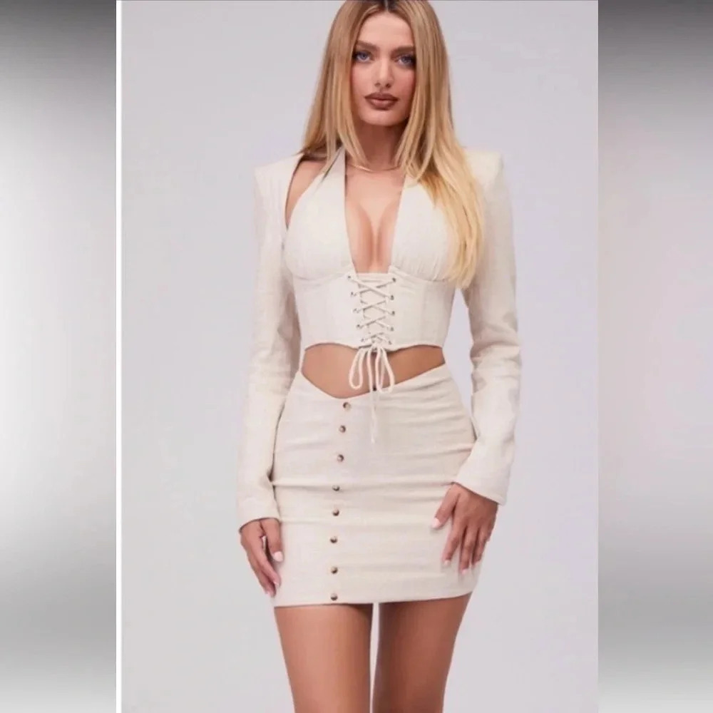 Mistress Rocks beige linen blend mini skirt